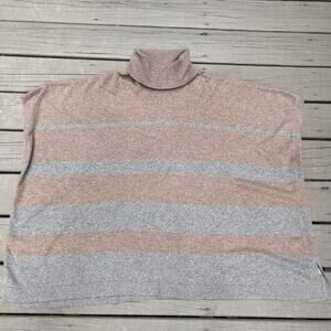 Neiman Marcus 100% Cashmere Striped Turtleneck Poncho Sweater OS Taupe Gray